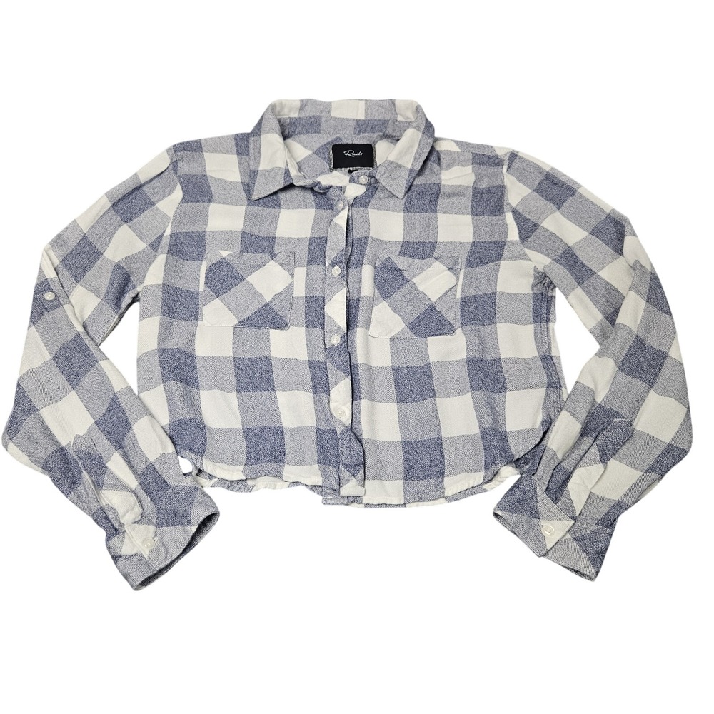 Rails Button Down Shirt Womens Large Blue White Buffalo Check Cropped Preppy `